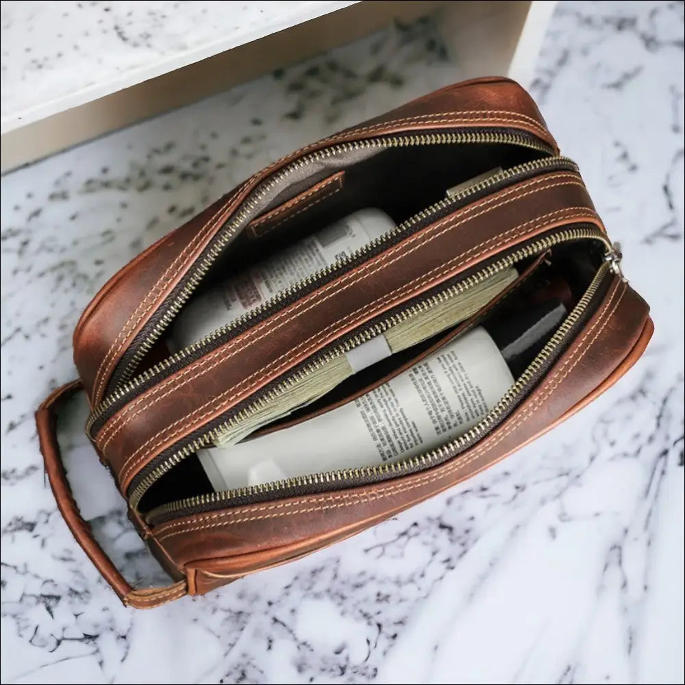 Trousse De Toilette Homme Brun En Cuir Personnalisé