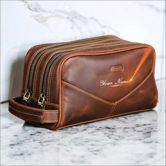 Trousse De Toilette Homme Brun En Cuir Personnalisé