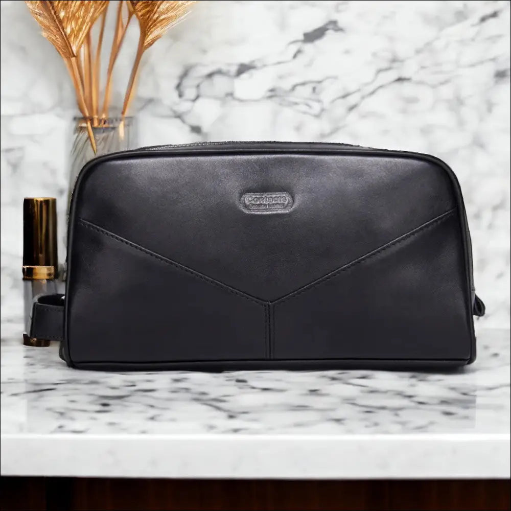 Trousse De Toilette Homme Noir En Cuir Personnalisé